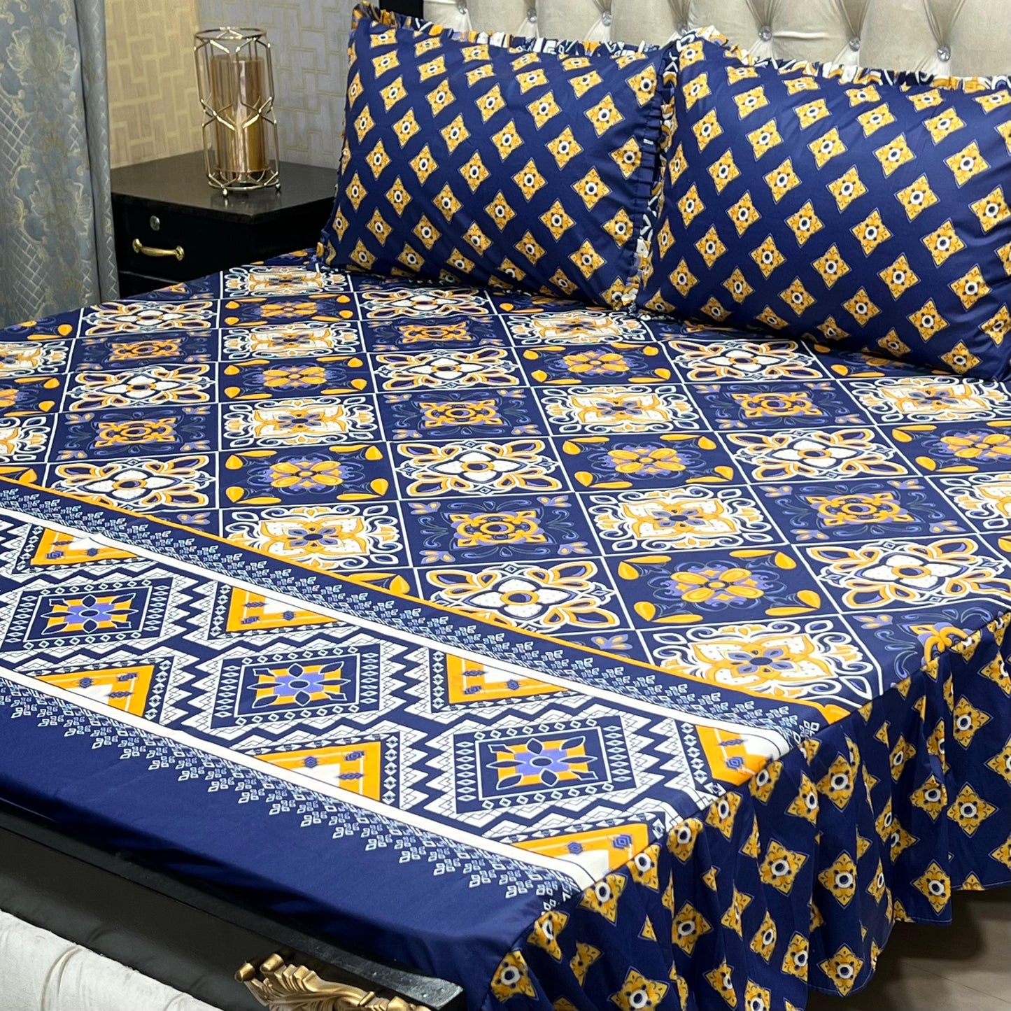 Cotton Frill 3pc Bedsheet - Blue Crown