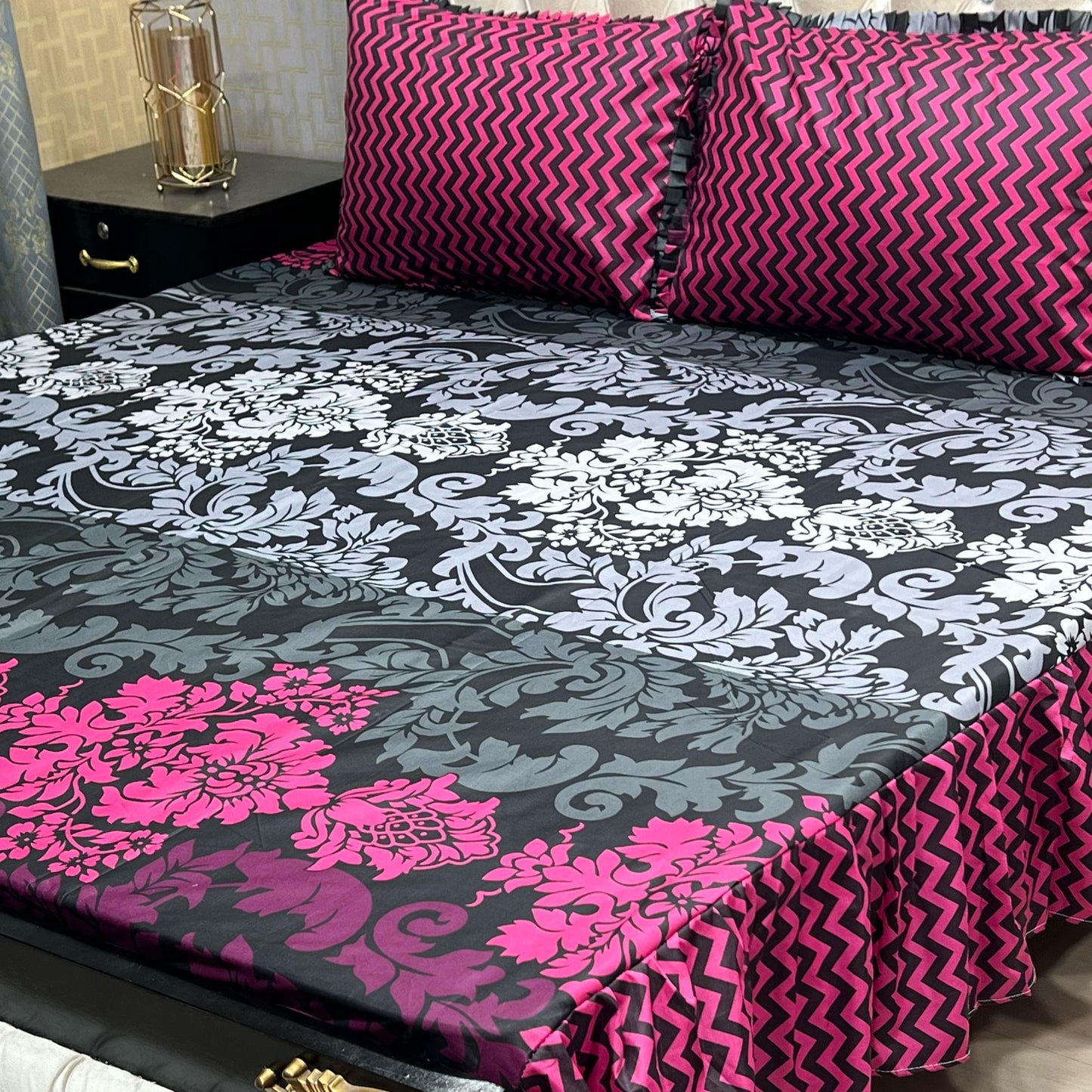 Cotton Frill 3pc Bedsheet - Purple Crown