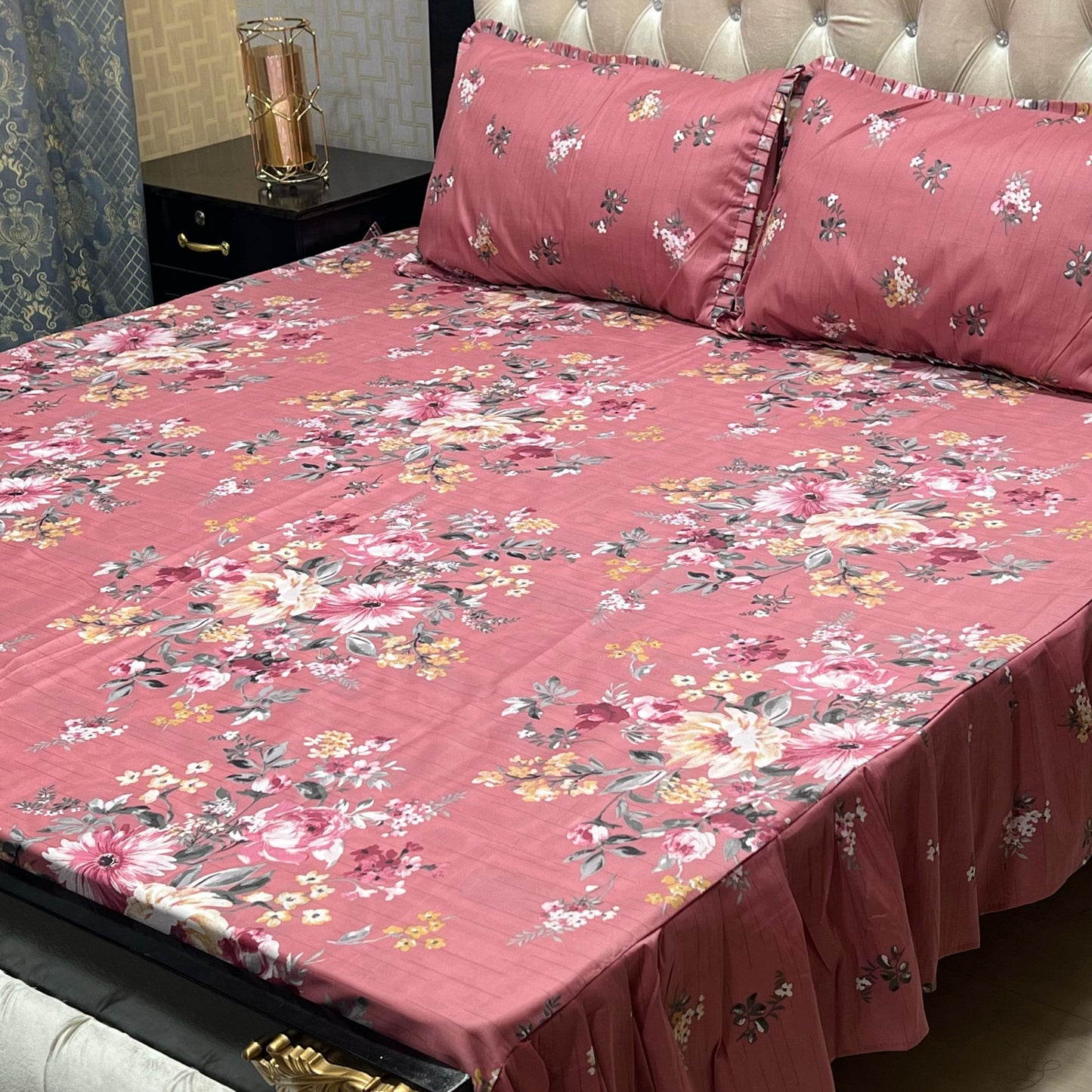 Cotton Frill 3pc Bedsheet - Pink Floral