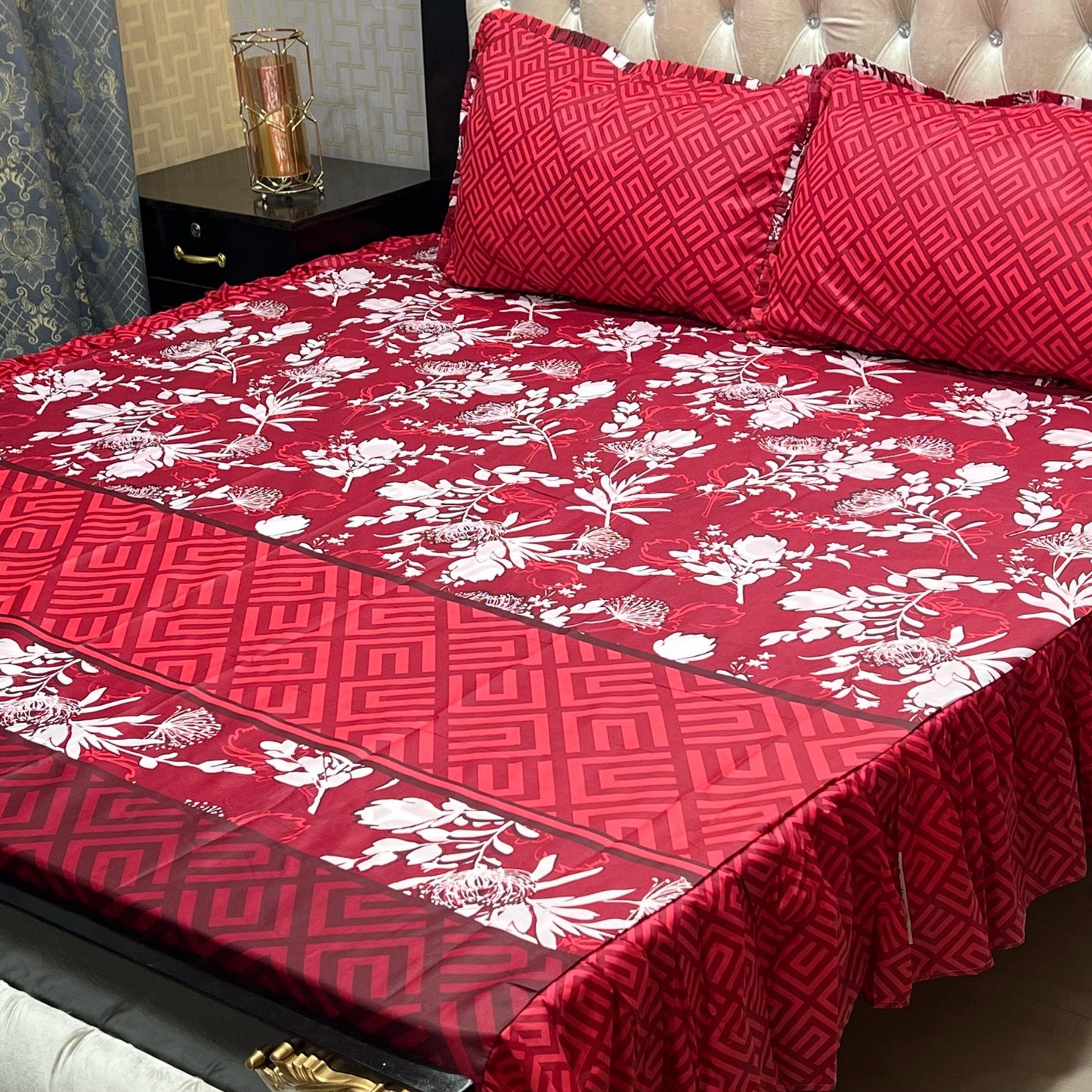 Cotton Frill 3pc Bedsheet - Red Strip