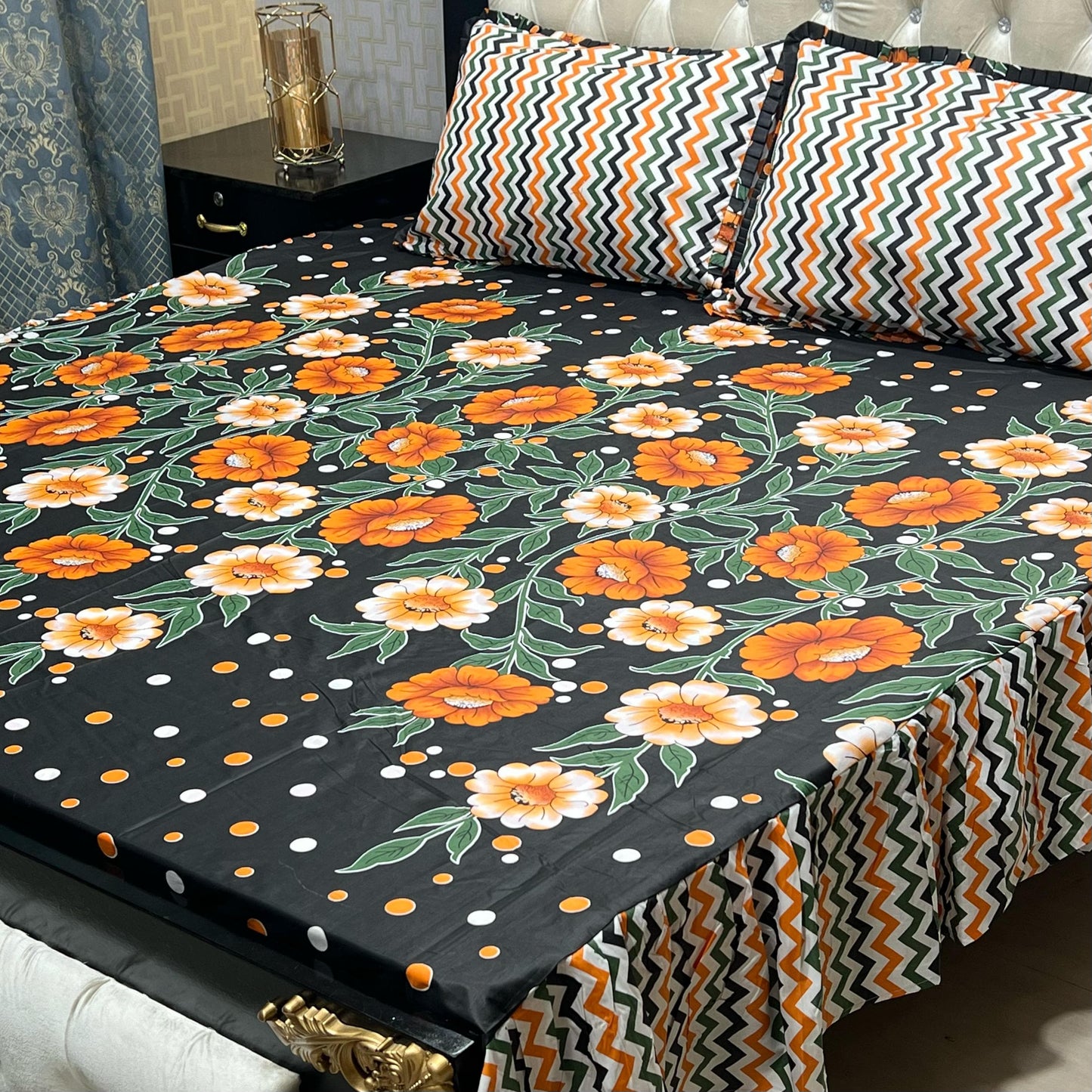 Cotton Frill 3pc Bedsheet - Orange Forest
