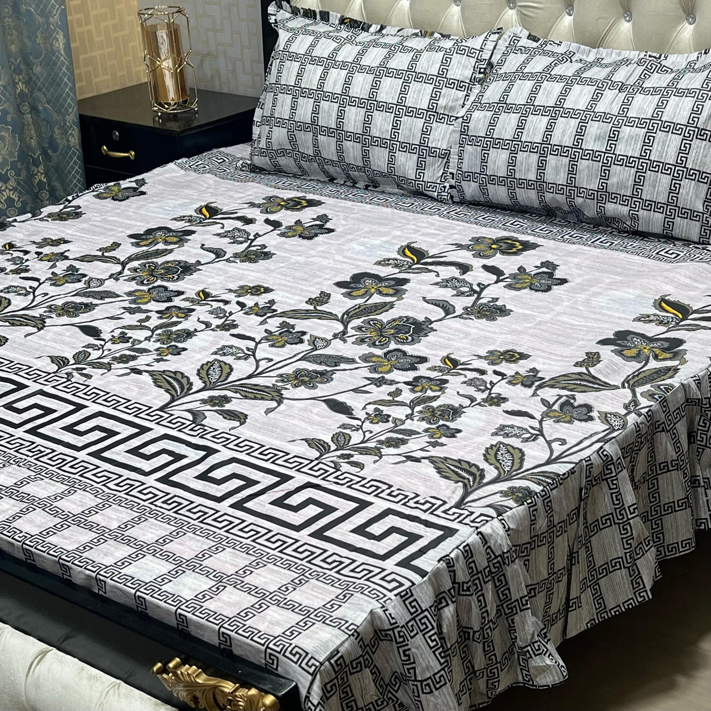 Cotton Frill 3pc Bedsheet - Grey Floral