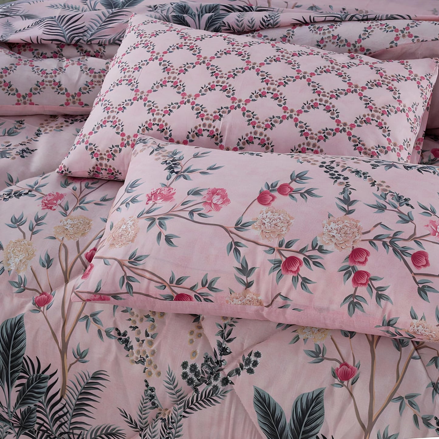 7pc Cotton Comforter Set Pink Shrubs