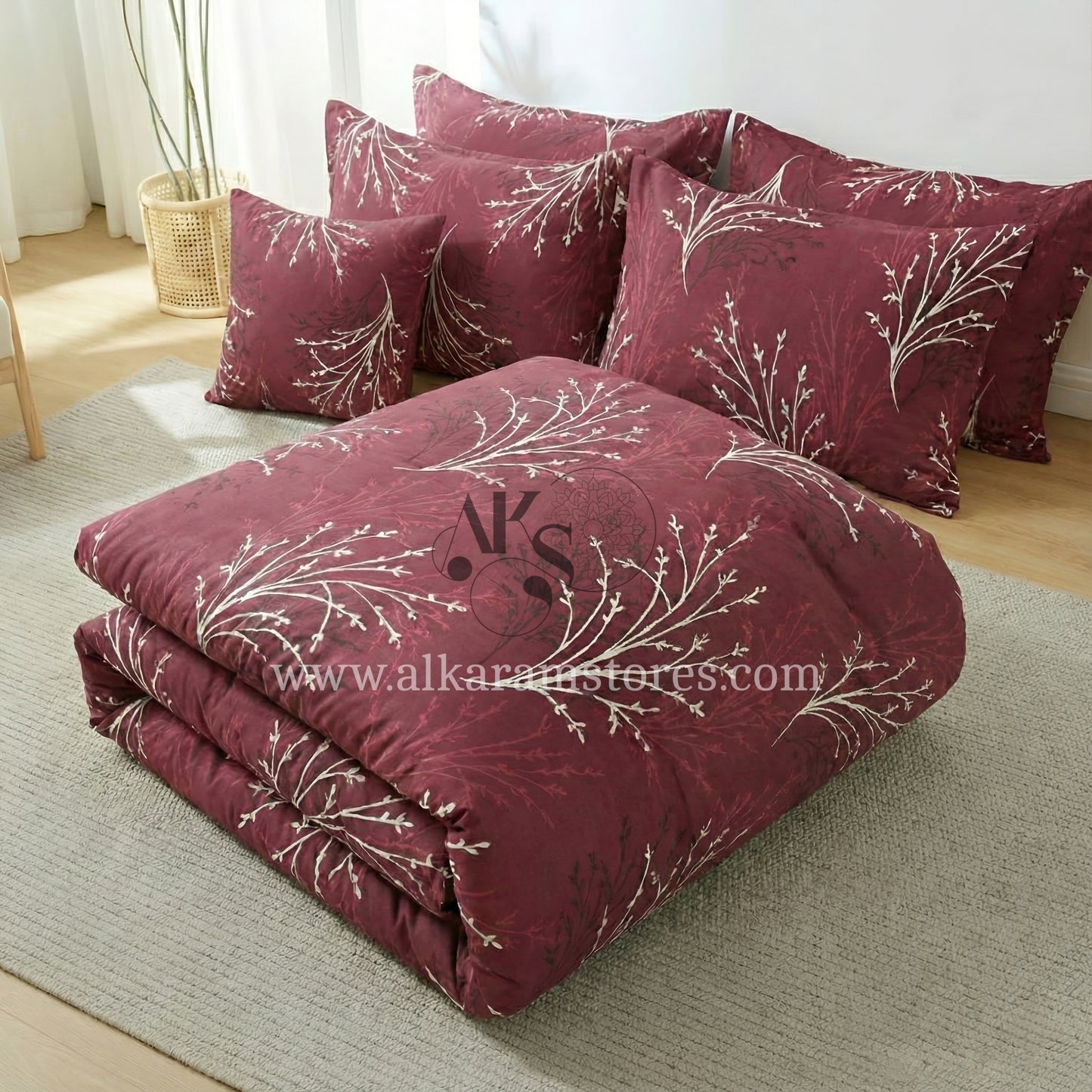 7pc Cotton Comforter Set Mehroon Twigs