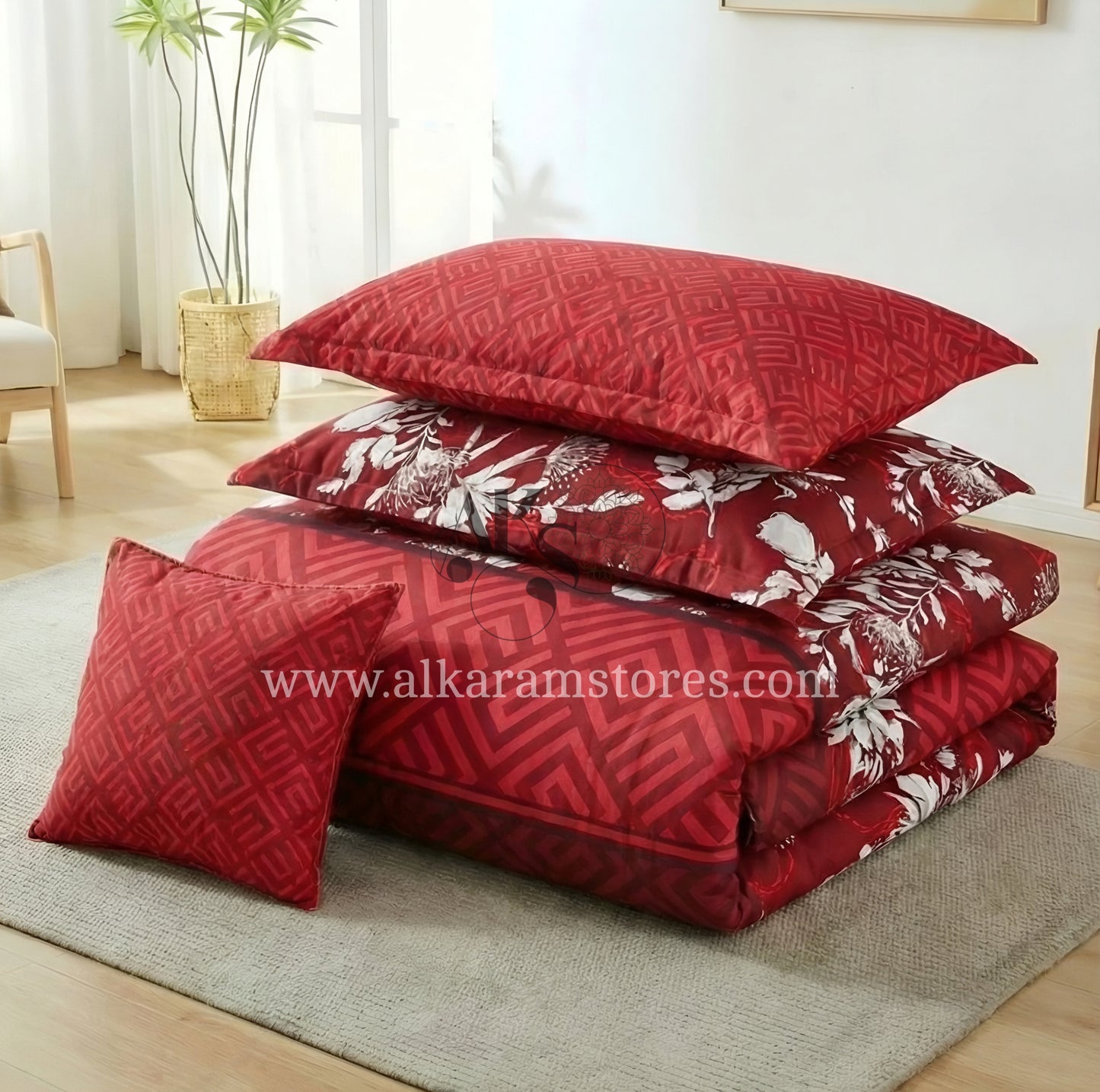 7pc Cotton Comforter Set Red Strip