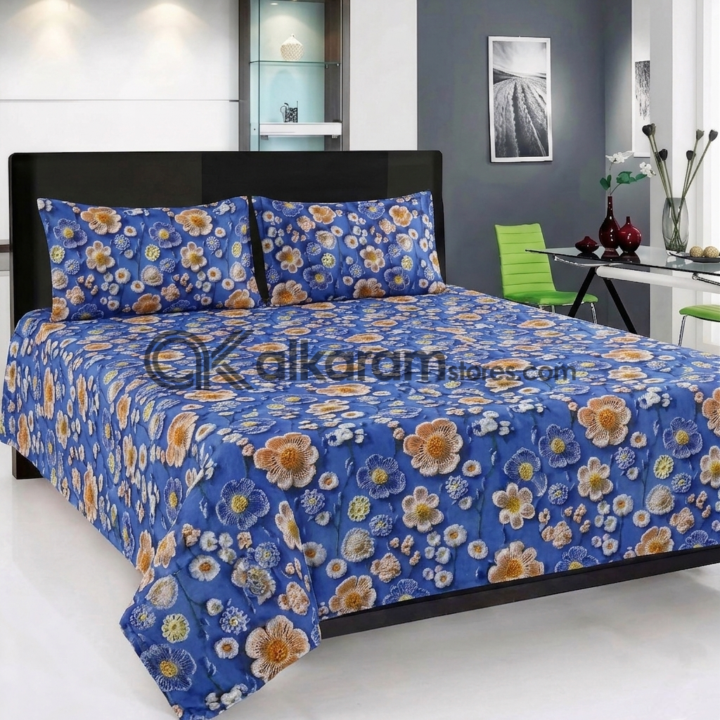 Pure Cotton 3pc Bedsheet Blue Marigold
