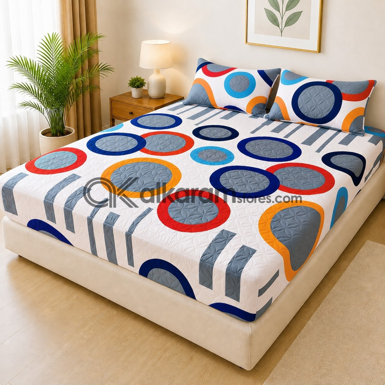 Retro Circle Quilted Fitted 3pc Bedsheet