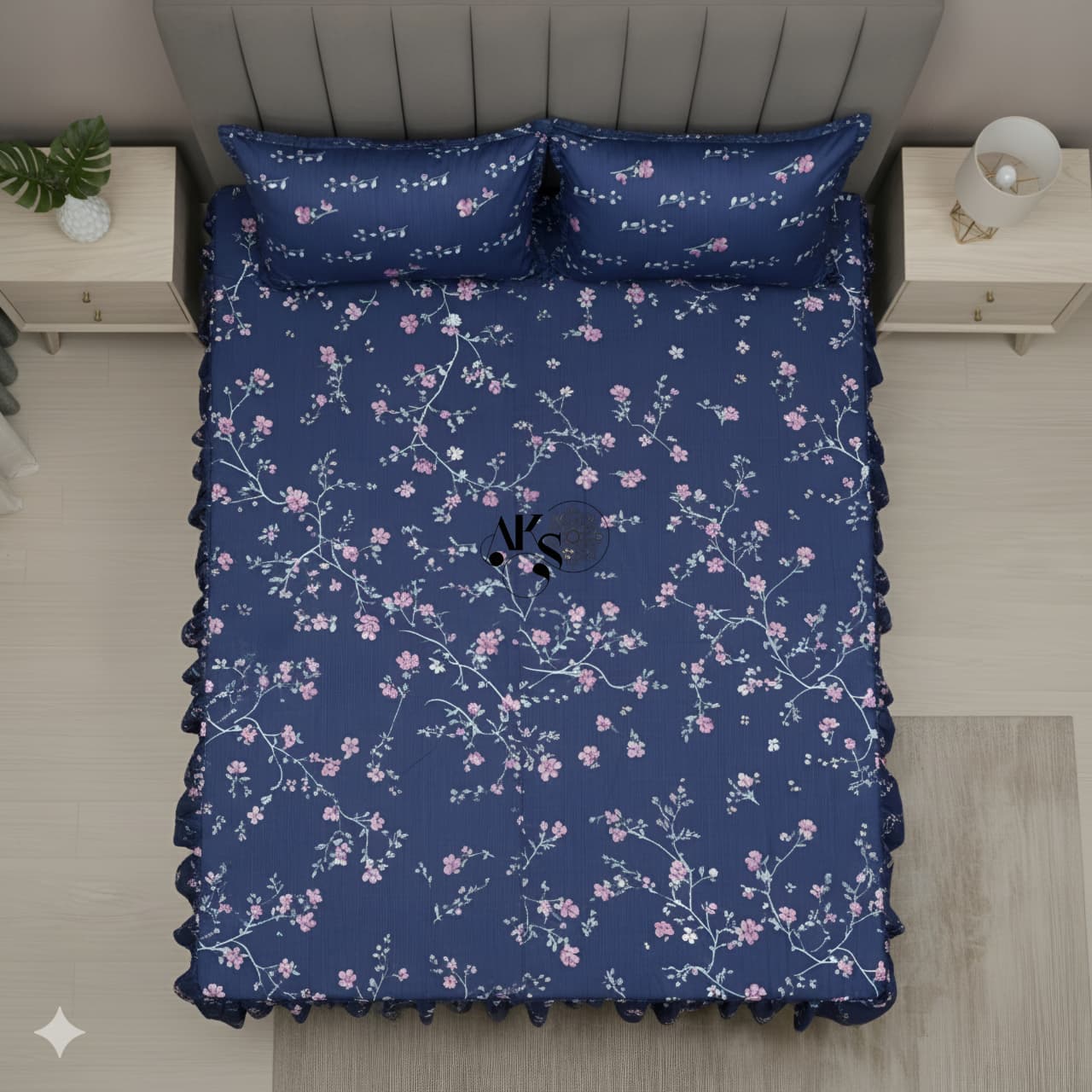 Cotton Frill 3pc Bedsheet Purple Hollyhock