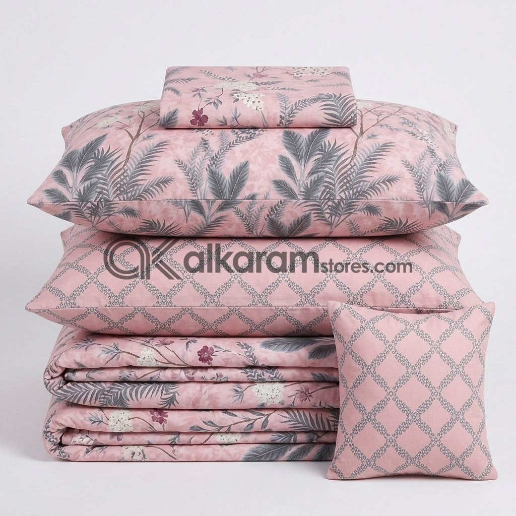 7pc Cotton Comforter Set Pink Shrubs