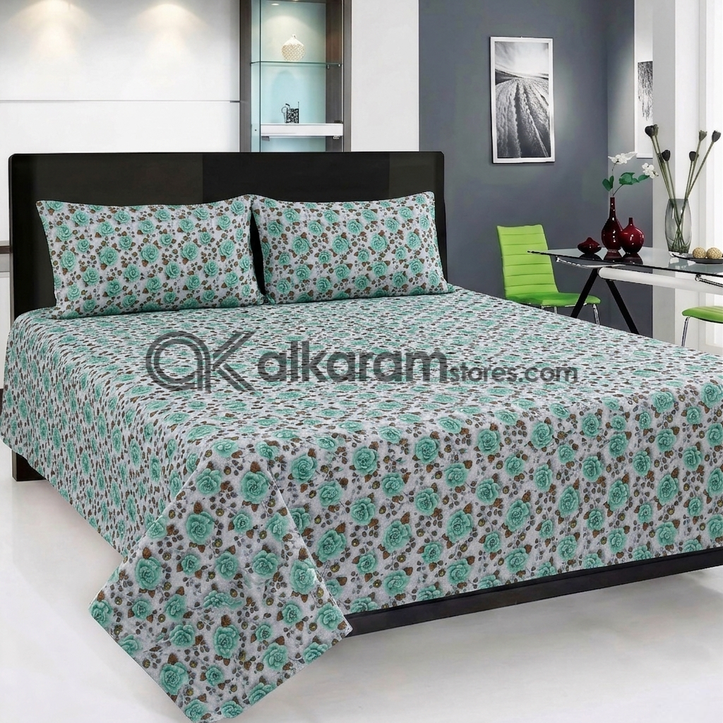Pure Cotton 3pc Bedsheet Mint Rose