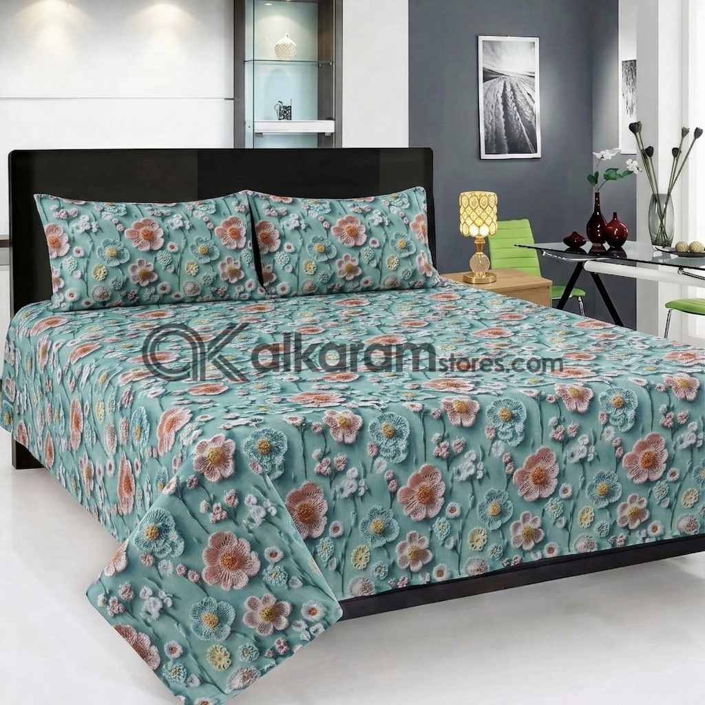 Pure Cotton 3pc Bedsheet Aqua Blossom