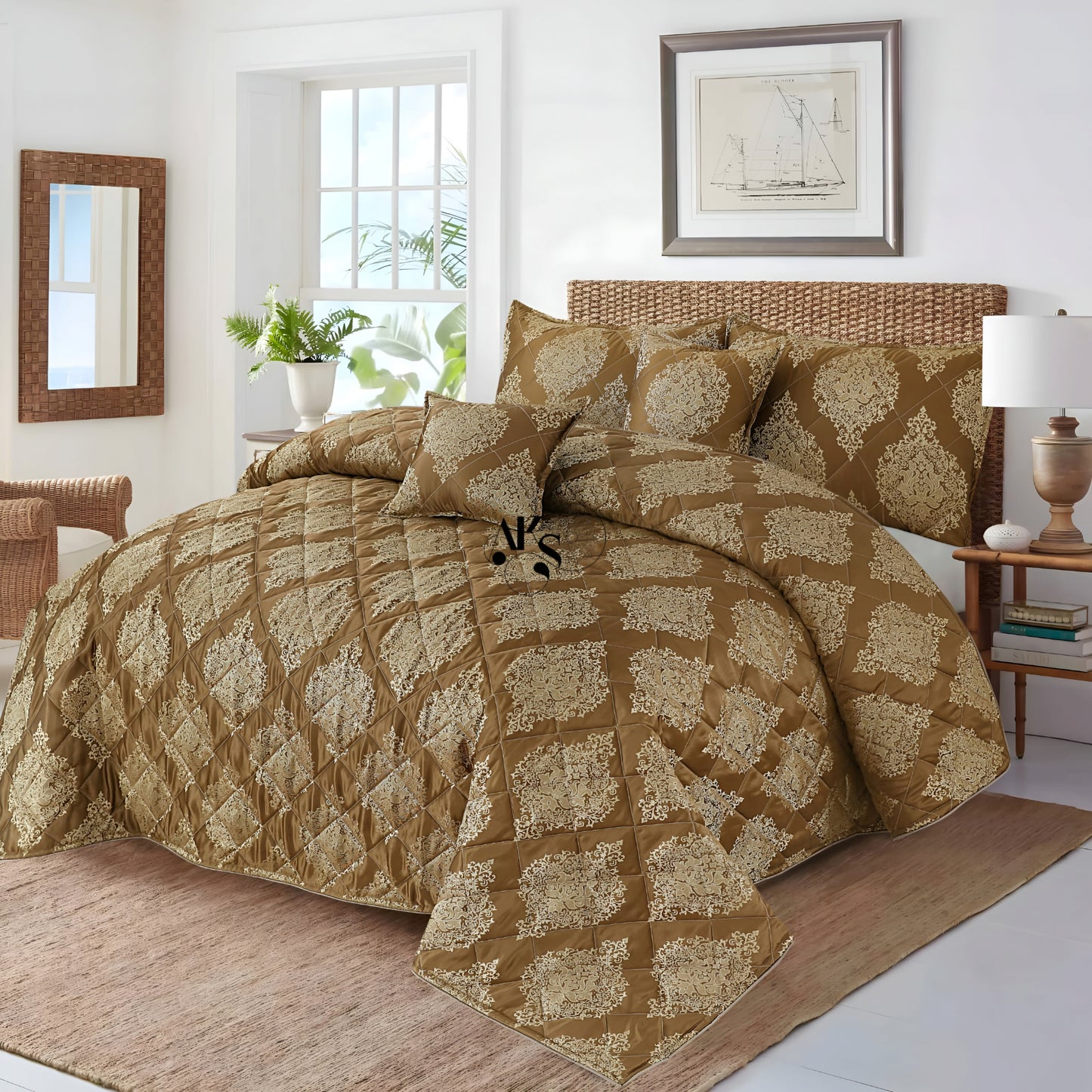 5pc Damask Brown Bedspread