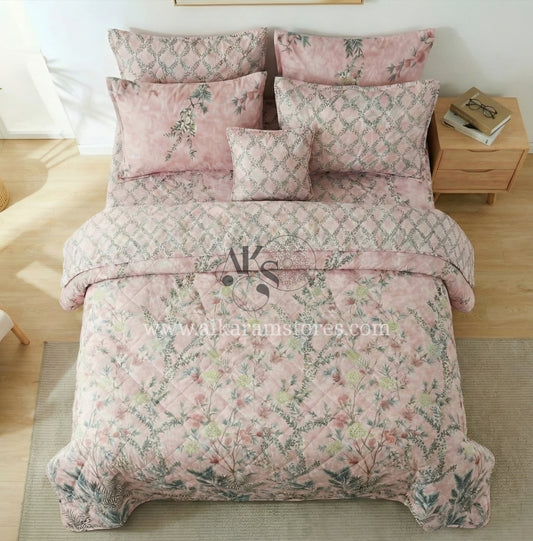 7pc Cotton Comforter Set Pink Shrubs