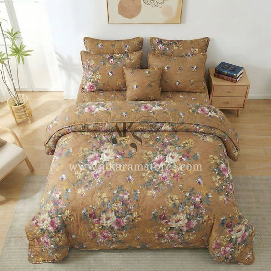 7pc Cotton Comforter Set Brown Floral