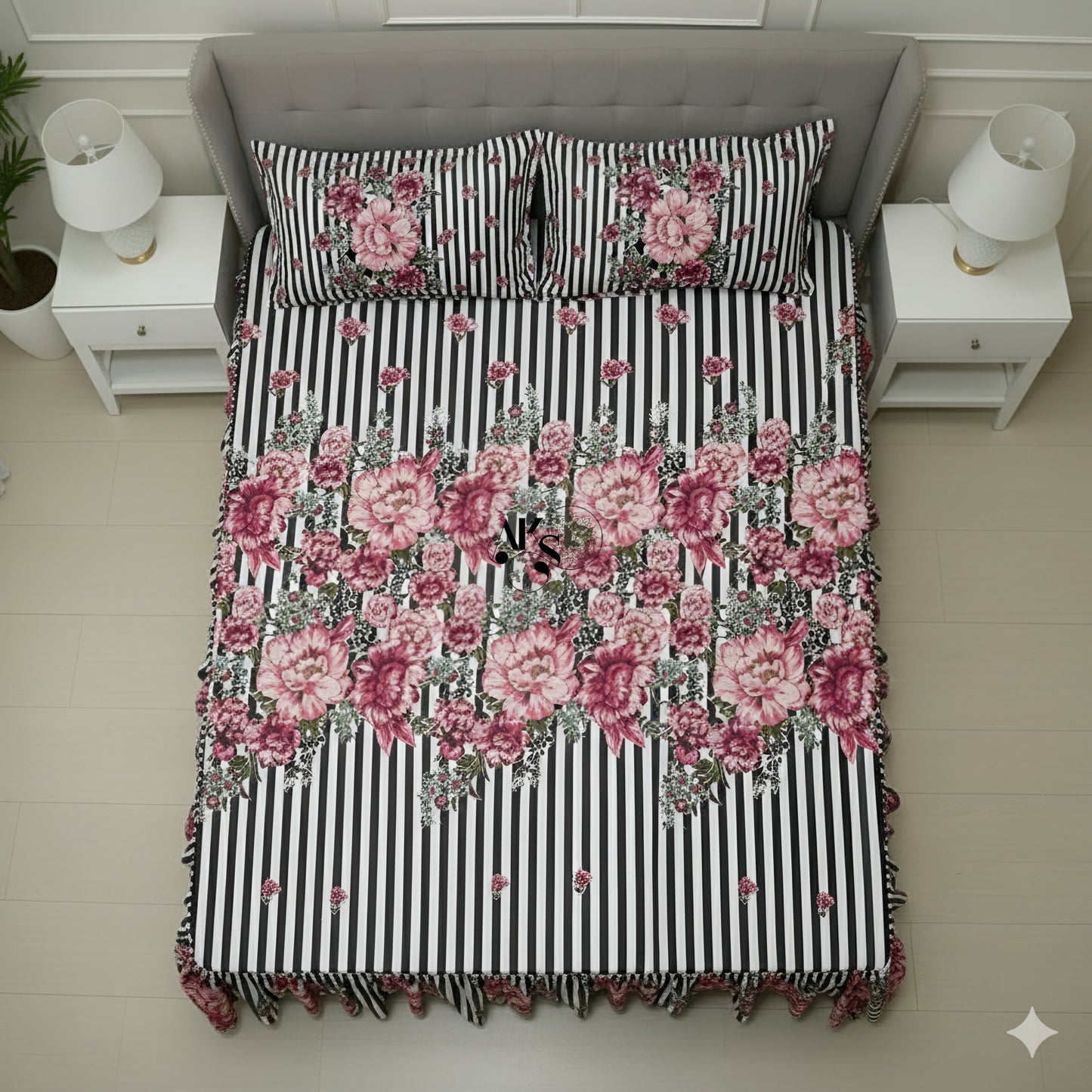 Cotton Frill 3pc Bedsheet Pink Zebra