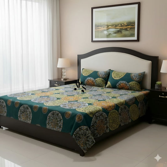 Crystal Cotton 3pc Bedsheet Green Medallion