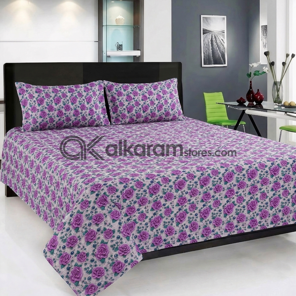 Pure Cotton 3pc Bedsheet Lavender Flora