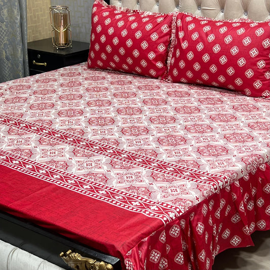 Cotton Frill 3pc Bedsheet - Red Crown