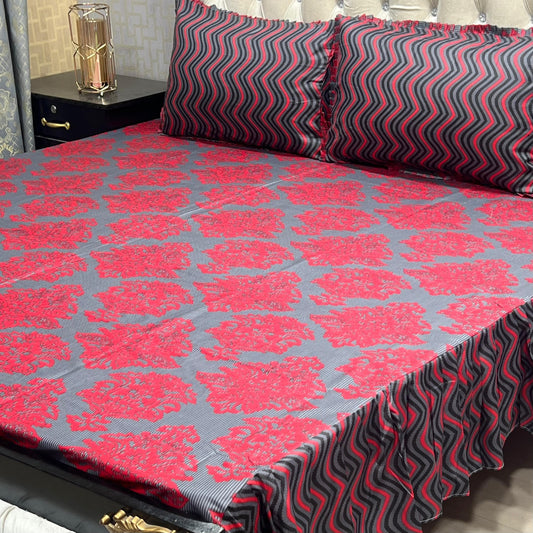 Cotton Frill 3pc Bedsheet - Red Crystal