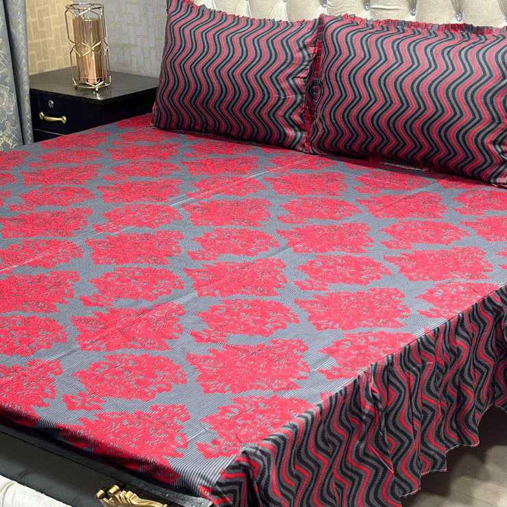 Cotton Frill 3pc Bedsheet - Red Crystal