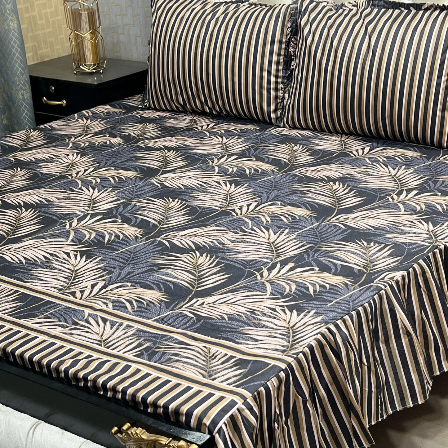 Cotton Frill 3pc Bedsheet - Black Feather