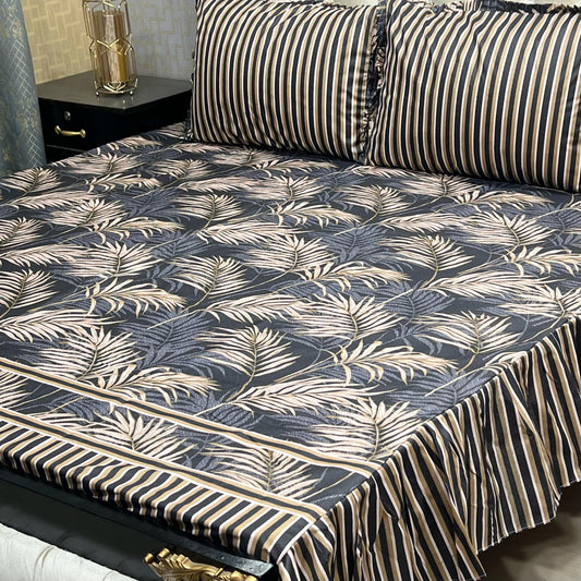 Cotton Frill 3pc Bedsheet - Black Feather