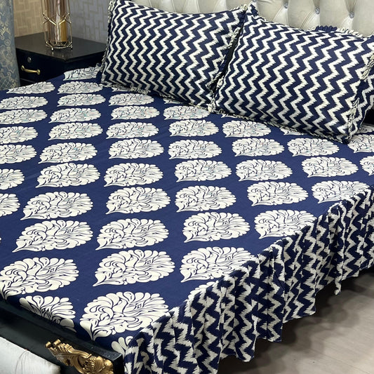 Cotton Frill 3pc Bedsheet - White Droplet