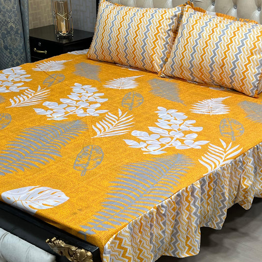 Cotton Frill 3pc Bedsheet - Yellow Feather