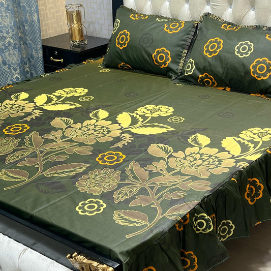 Cotton Frill 3pc Bedsheet - Army Floral