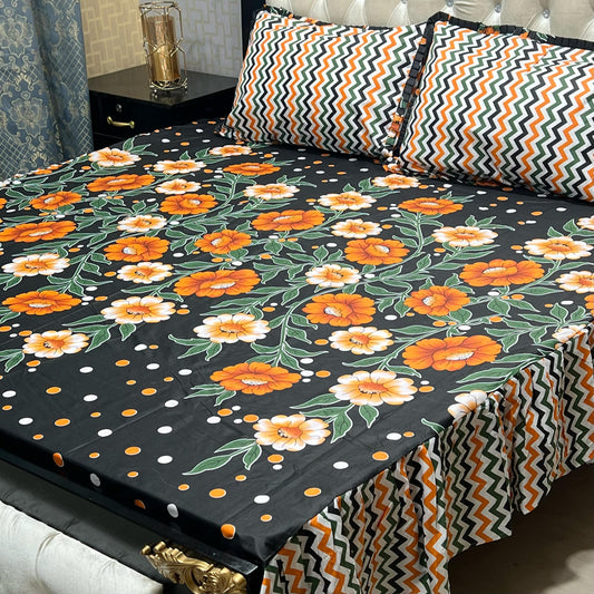 Cotton Frill 3pc Bedsheet - Orange Forest