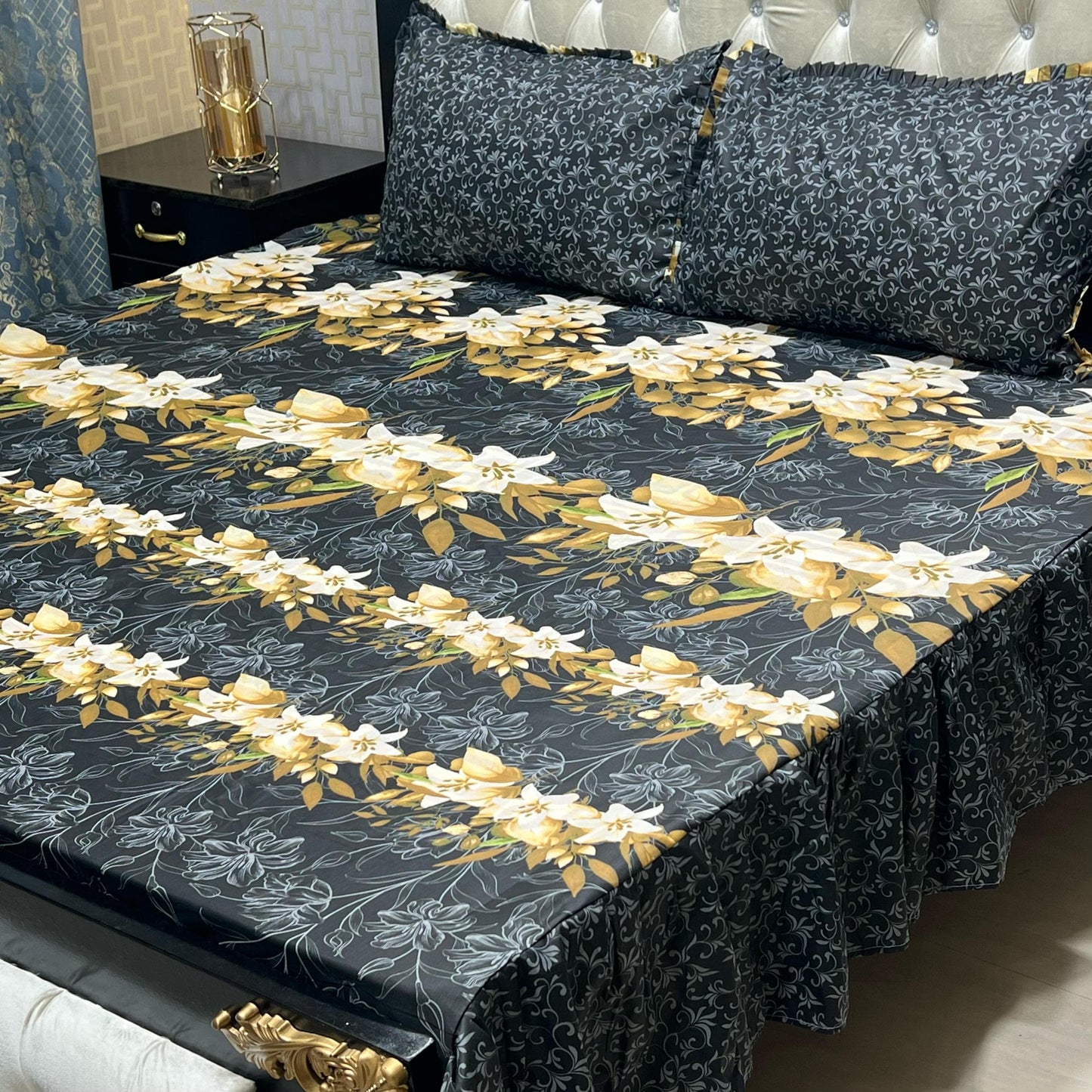 Cotton Frill 3pc Bedsheet - Black Forest