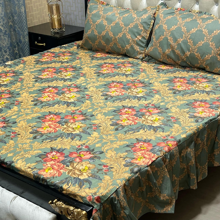 Cotton Frill 3pc Bedsheet - Green Pearl
