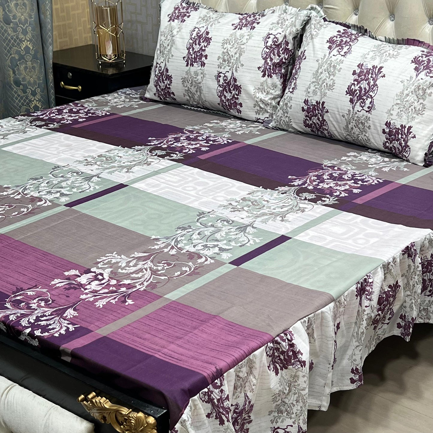 Cotton Frill 3pc Bedsheet - Purple Berry