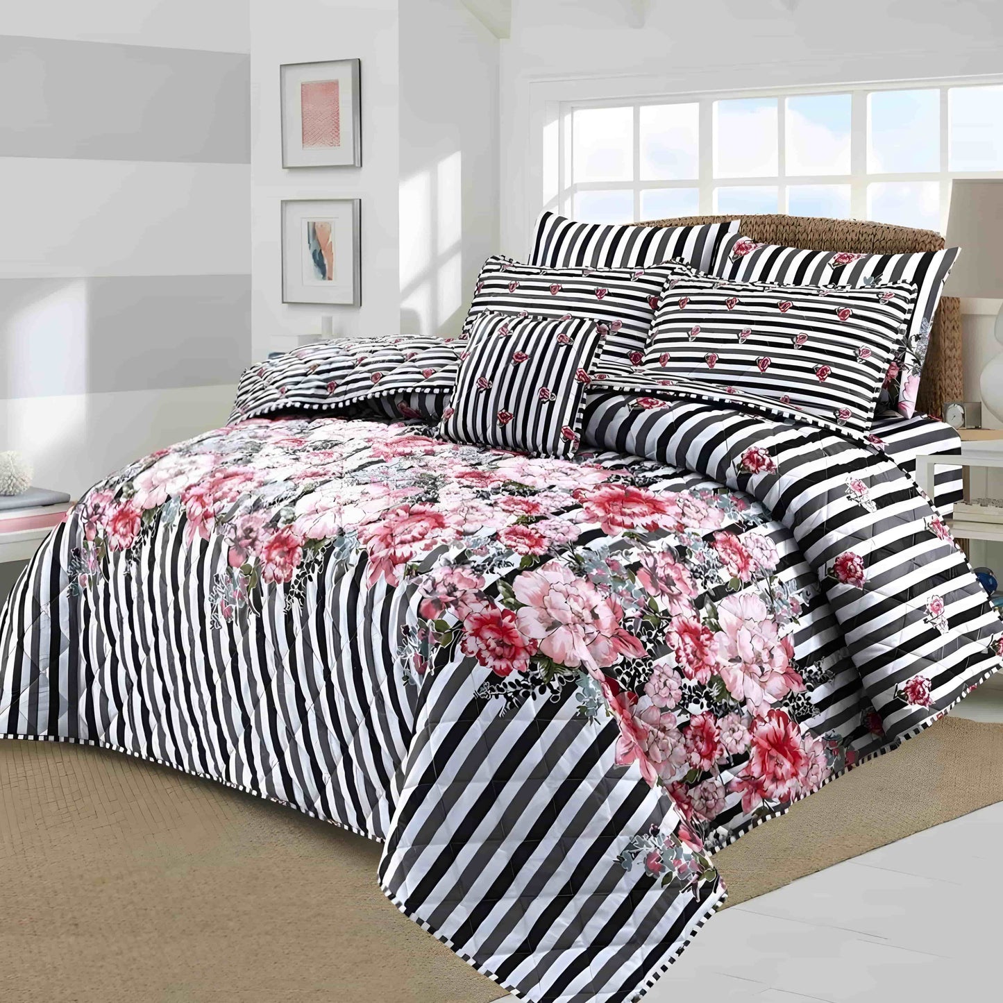 7pc Cotton Comforter Set Pink Zebra