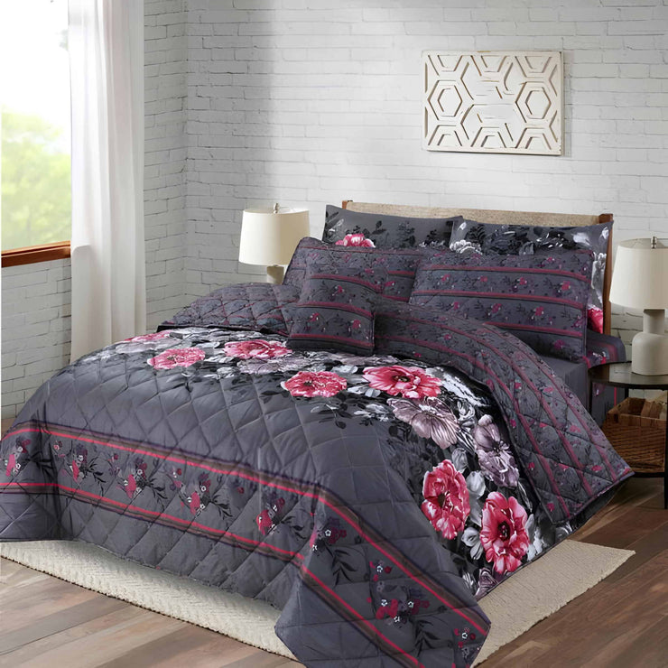 7pc Cotton Comforter Set - Grey Strip