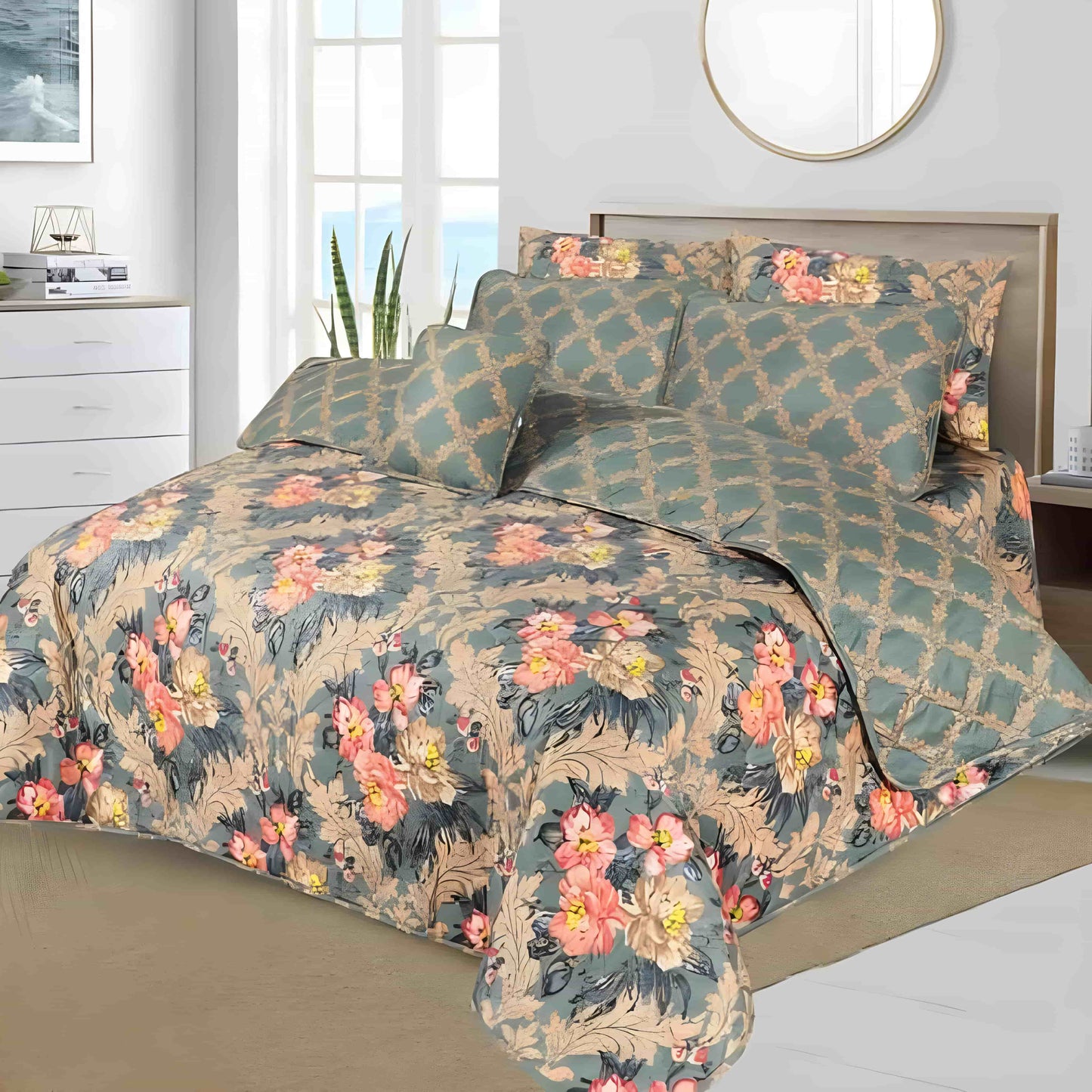 7pc Cotton Comforter Set Green Pearl