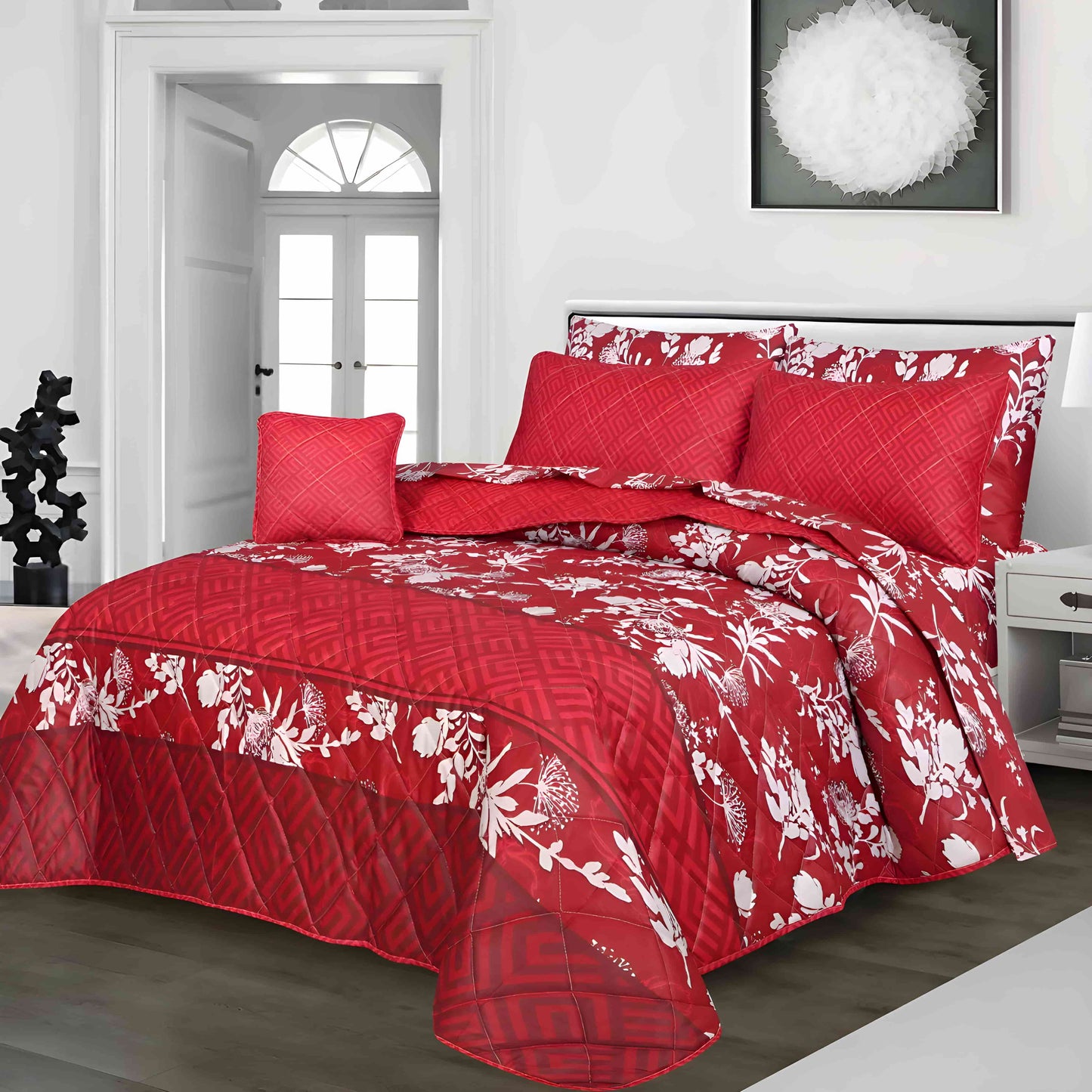 7pc Cotton Comforter Set Red Strip