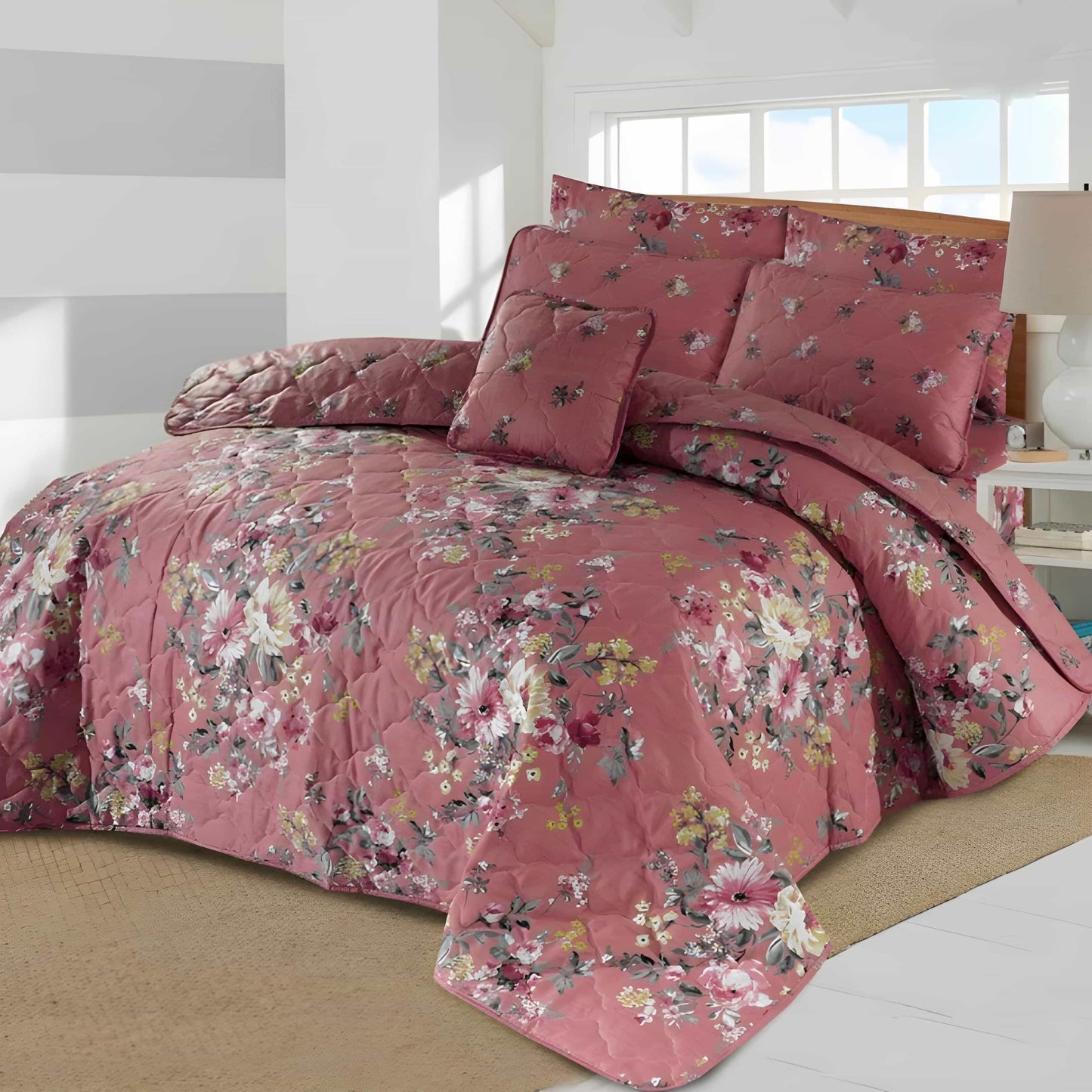 7pc Cotton Comforter Set Pink Floral