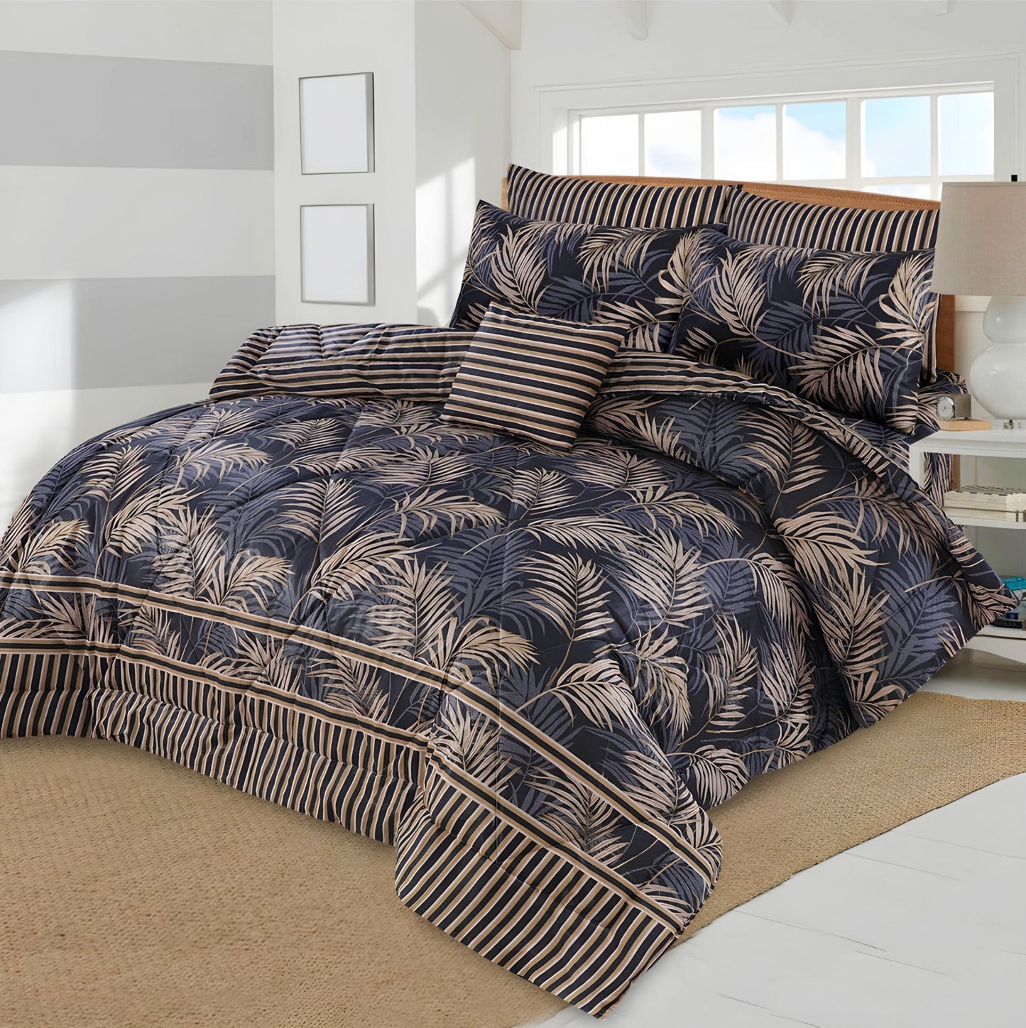 7pc Cotton Comforter Set Black Feather