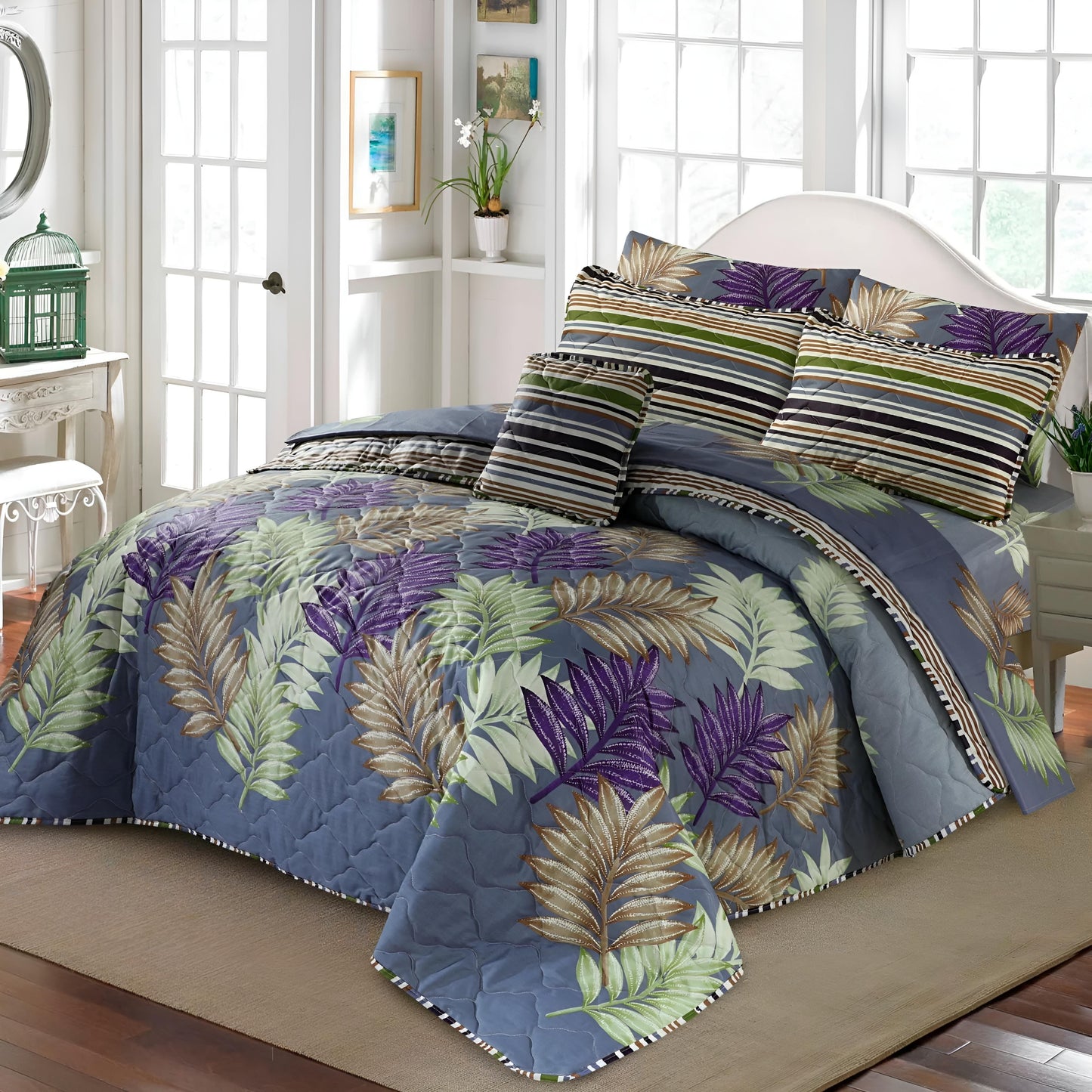 7pc Cotton Comforter Set Strip Leaves