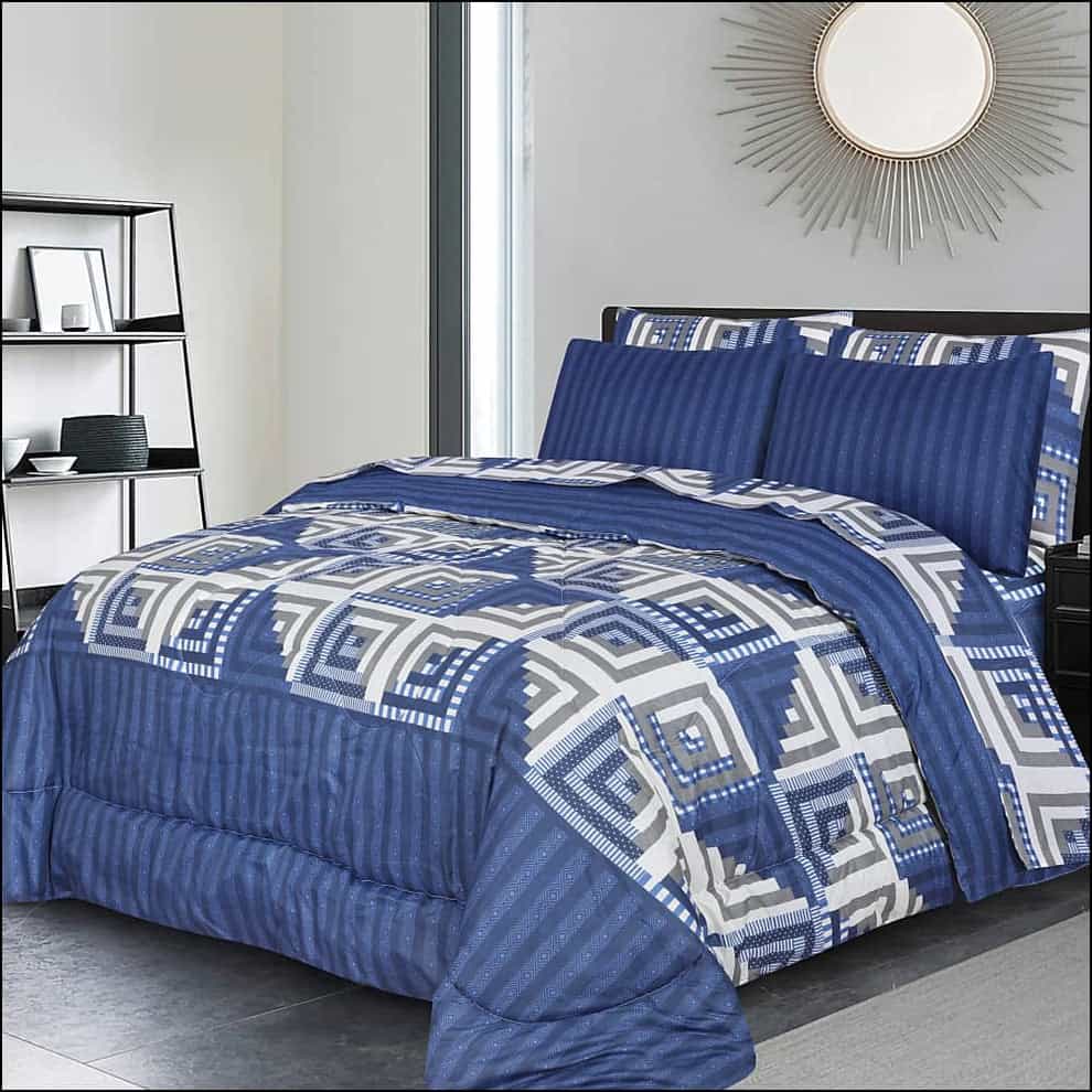 7pc Cotton Comforter Set Blue Stairs