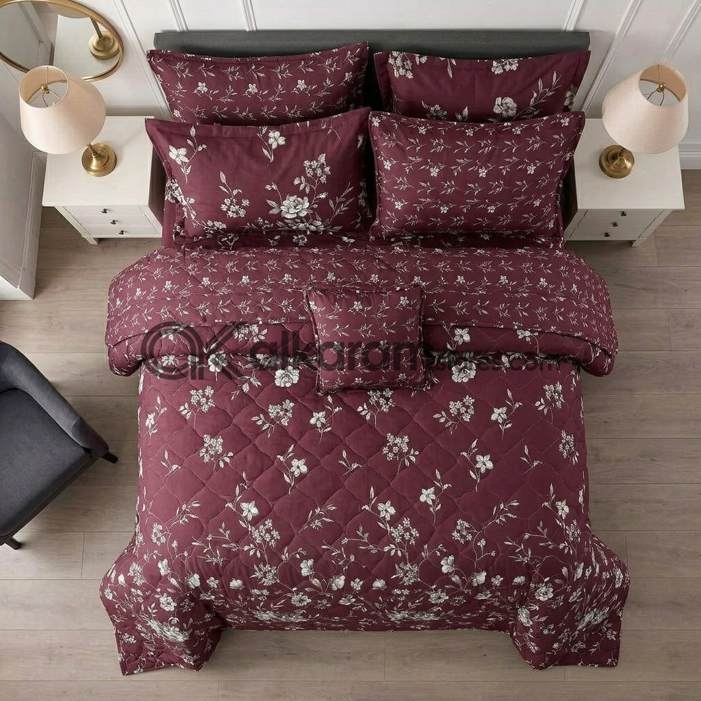 7pc Cotton Comforter Set Burgundy Floral