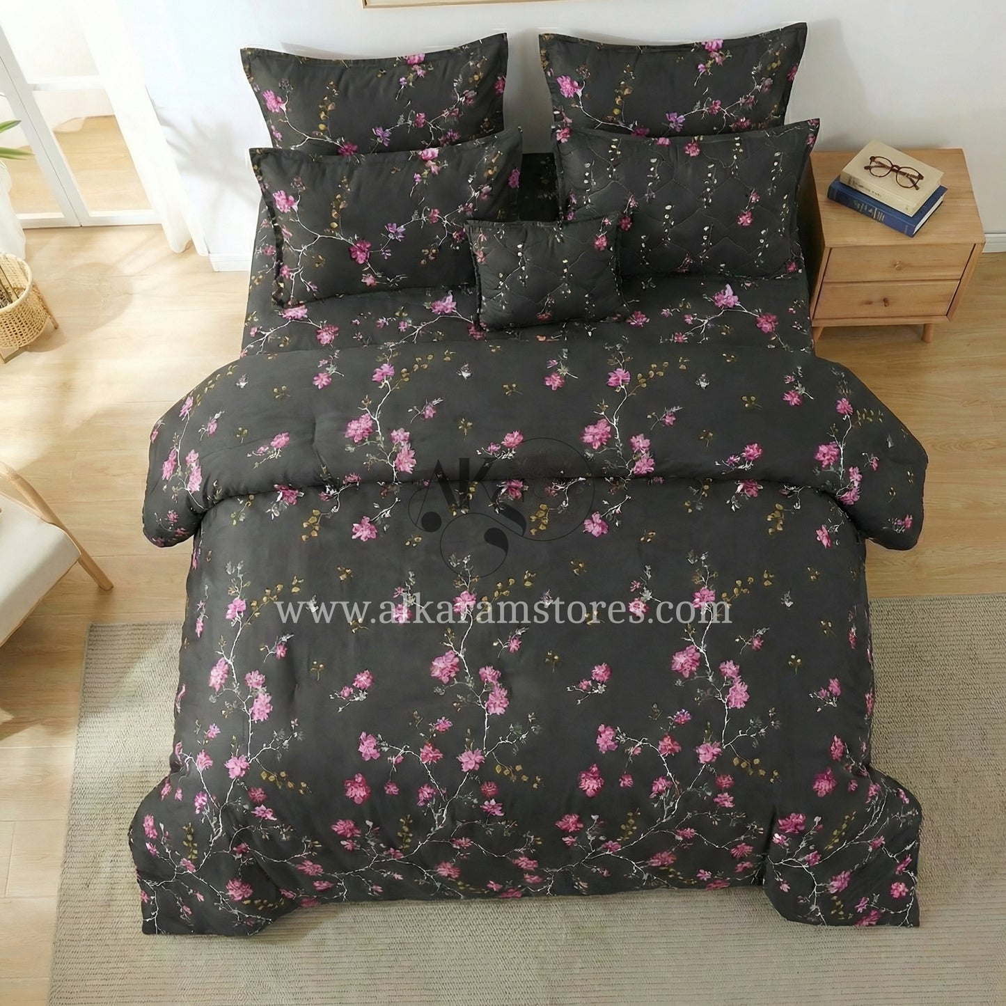 7pc Cotton Comforter Set Black Hollyhock