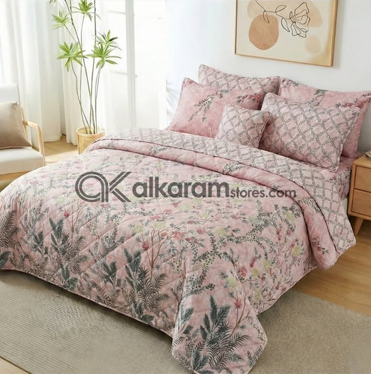 7pc Cotton Comforter Set Pink Shrubs
