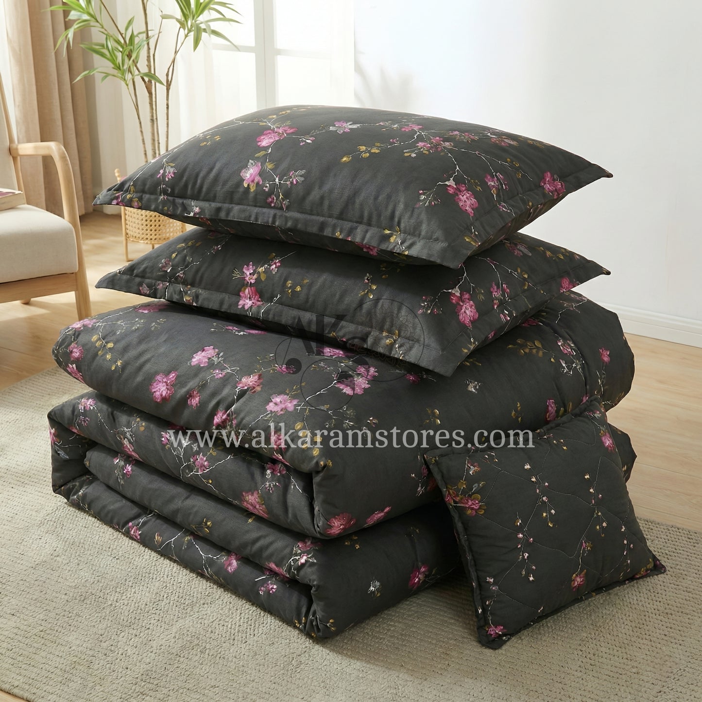 7pc Cotton Comforter Set Black Hollyhock
