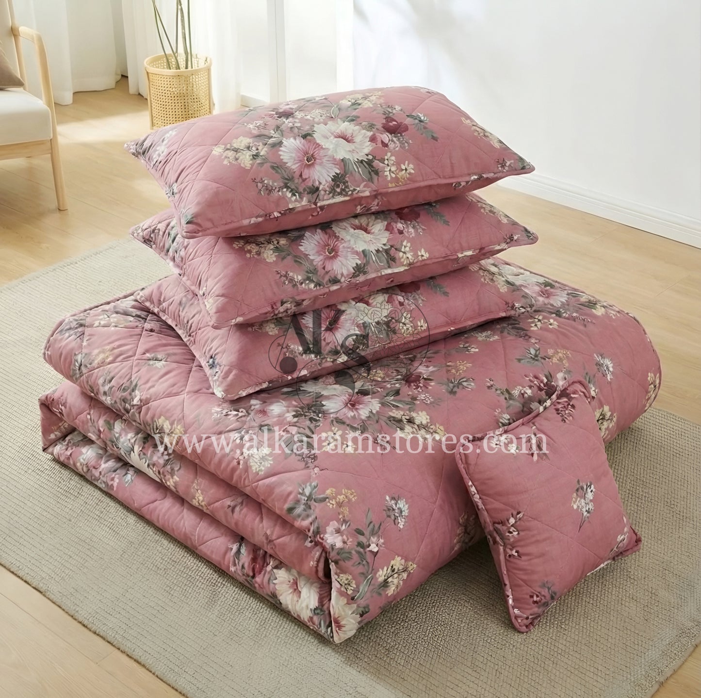 7pc Cotton Comforter Set Pink Floral