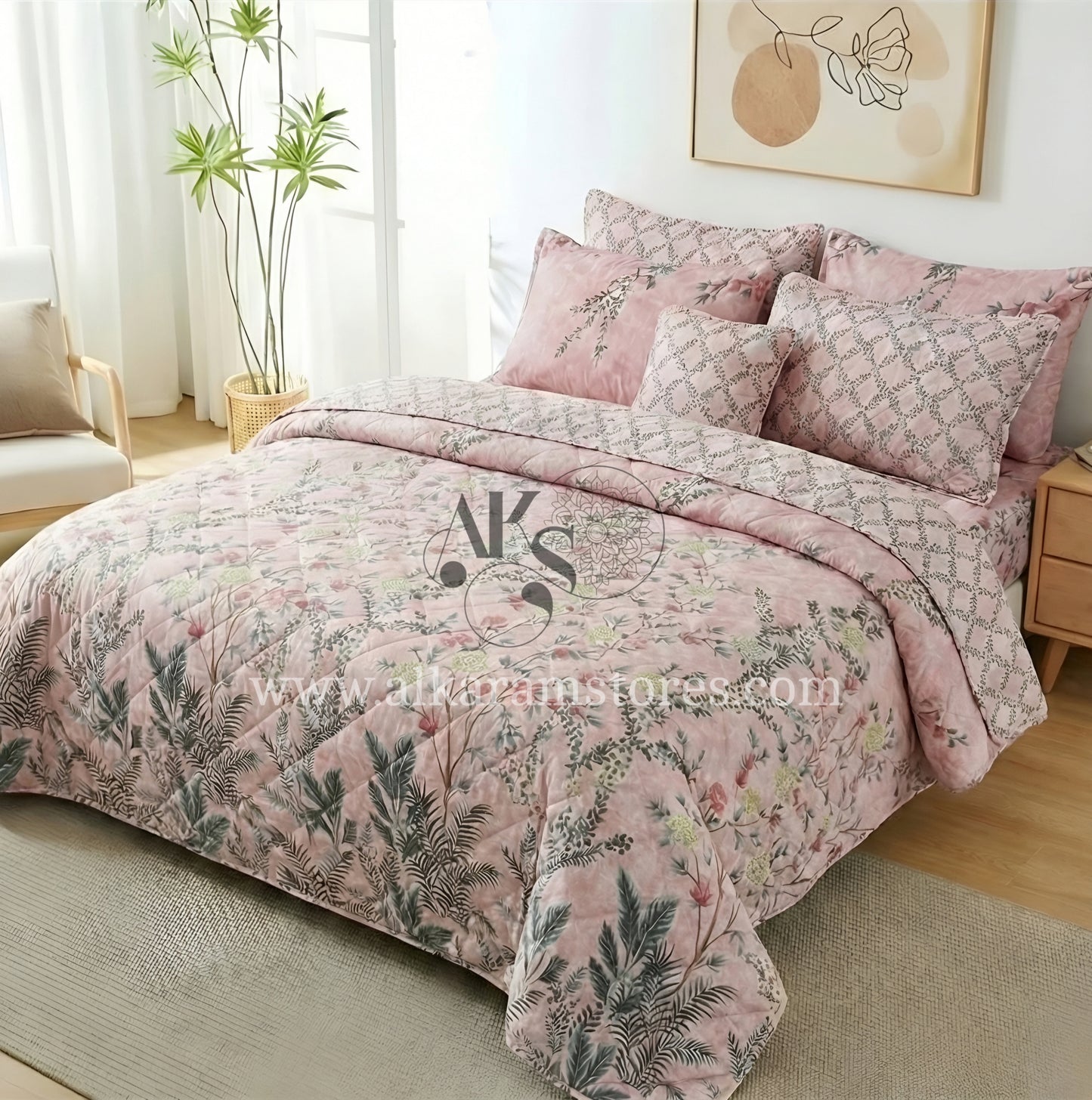 7pc Cotton Comforter Set Pink Shrubs