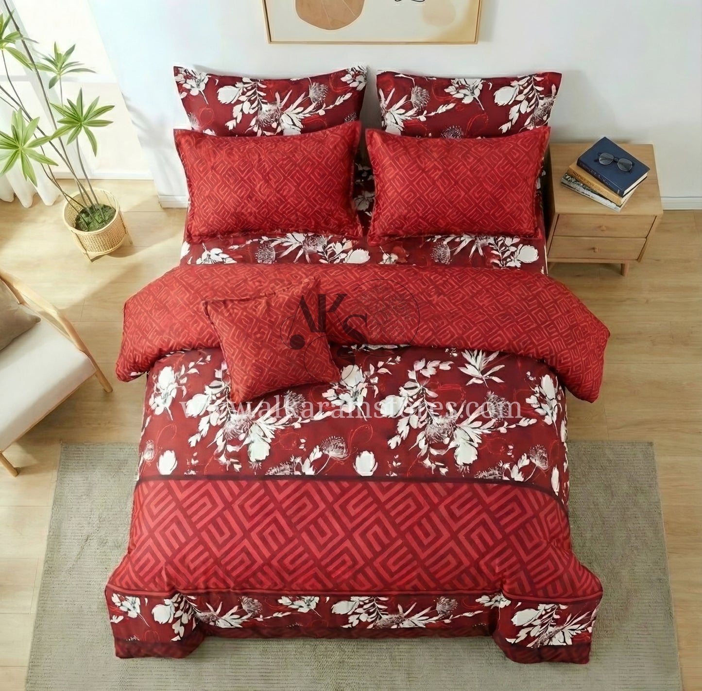 7pc Cotton Comforter Set Red Strip