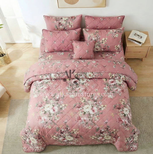 7pc Cotton Comforter Set Pink Floral