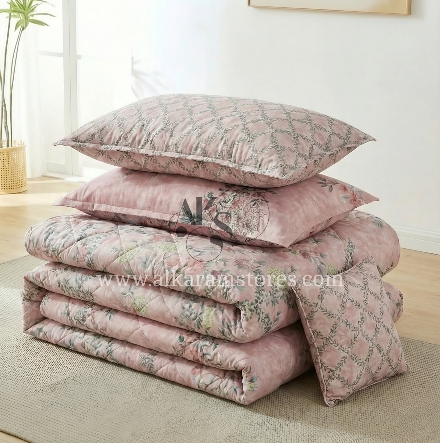 7pc Cotton Comforter Set Pink Shrubs